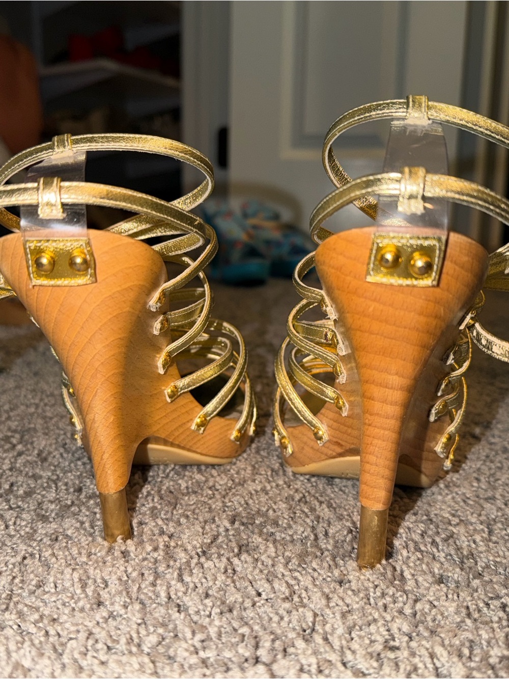 Giuseppe Zanotti Gold Leather Strappy Wood Wedge Sandals Vintage - Picture 4 of 5